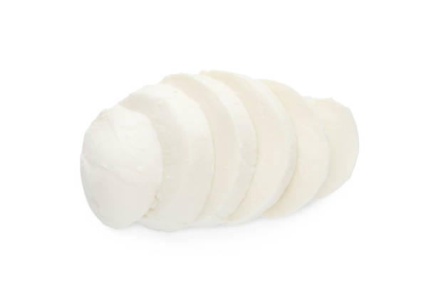 istock Delicious mozzarella cheese slices on white background, top view 1425556554