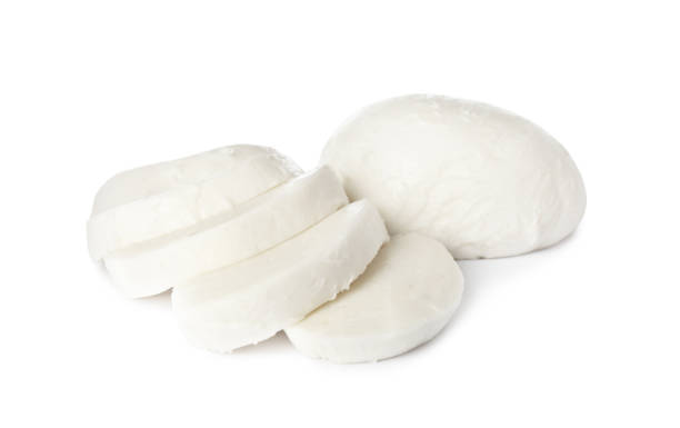 istock Delicious mozzarella cheese slices on white background 1425556576