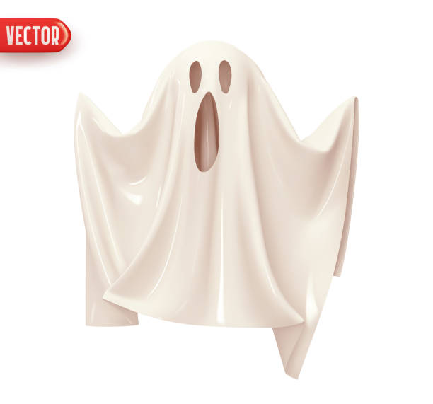 istock White Ghost scream and angry emotions on face decor element for Halloween holiday. Fabric ghost realistic 3d design. Cartoon horror character. Icon isolated on white background. vector illustration 1425557099