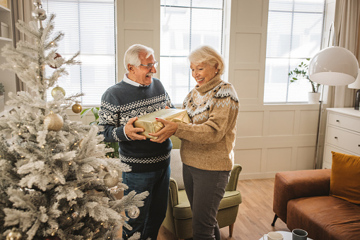 Mature couple at home celebrating Christmas.