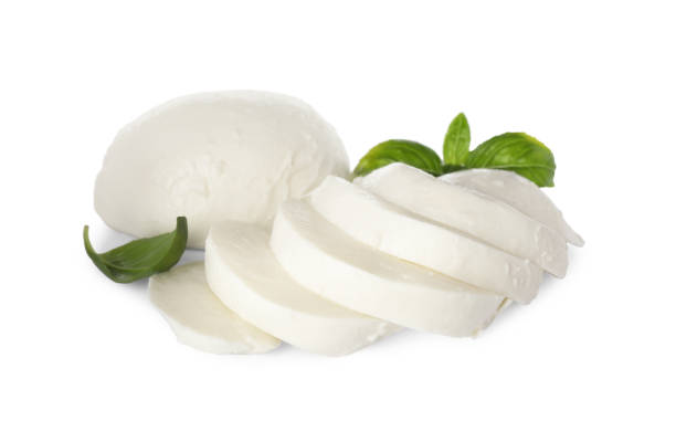 istock Delicious mozzarella cheese slices and basil on white background 1425558820