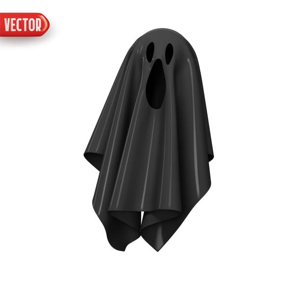istock Black Ghost scream and angry emotions on face decor element for Halloween holiday. Fabric ghost realistic 3d design. Cartoon horror character. Icon isolated on white background. vector illustration 1425558971