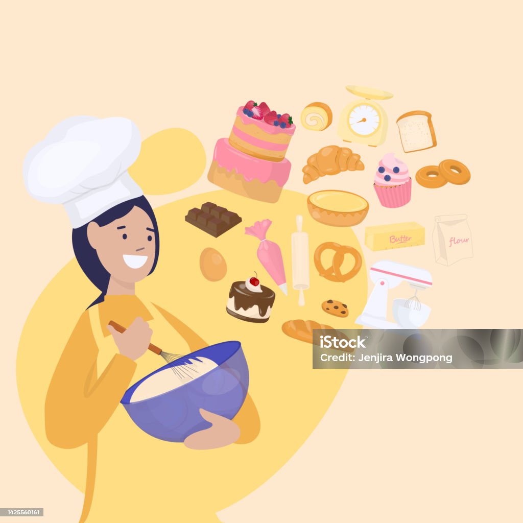 Woman Mixing Flour With Bakery And Baking Tools Stock Illustration -  Download Image Now - Women, Cooking, Flat Design - iStock