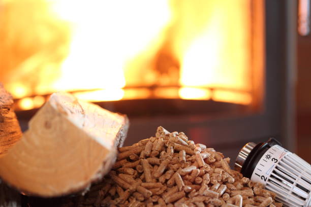 fireplace with pellets and thermostat stock photo