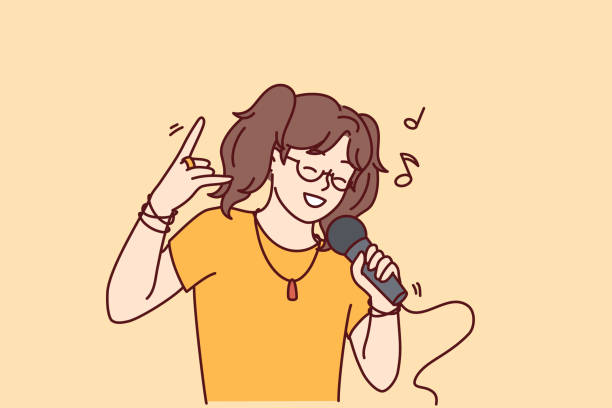 ilustrações de stock, clip art, desenhos animados e ícones de happy girl sing in microphone - singing singer teenager contest