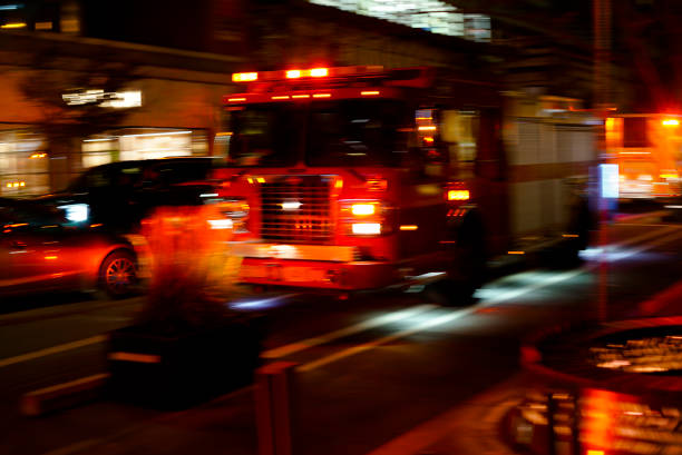 Fire truck in absolute emergency with emergency lights.