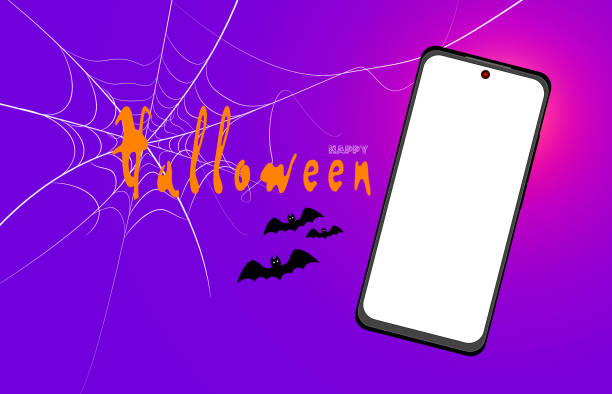 istock Halloween ad banner with mobil phone mockup, spider web and orange text congratulation or greeting on purple color background. Editable Vector illustration 1425571487