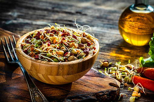 Vegan food: close up view of different sprouted beans in a bowl shot on rustic wooden table. A fork and olive oil bottle complete the composition. High resolution 42Mp studio digital capture taken with Sony A7rII and Sony FE 90mm f2.8 macro G OSS lens
