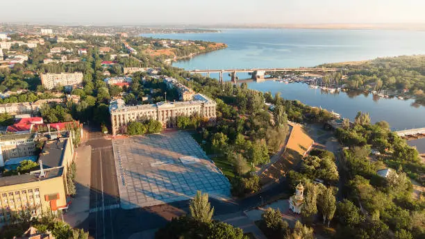 City peninsula over the river in Ukraine, Nikolaev. From a bird's eye view from a drone