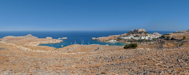 Lindos bay panoramic view. stock photo