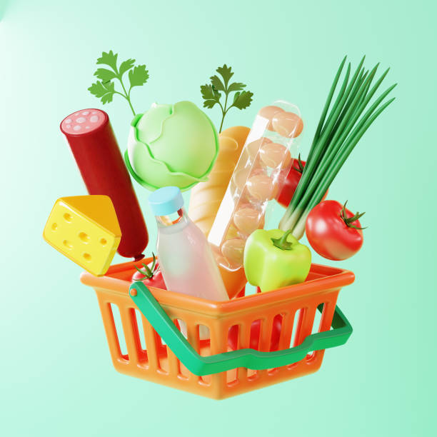 istock 3D rendering of shopping basket with groceries. 1425577425