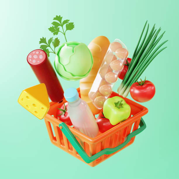 istock 3D rendering of shopping basket with groceries. 1425577430