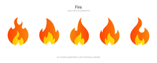stockillustraties, clipart, cartoons en iconen met 3d fire flames icons collection. red flame in abstract style on white background for ui ux website mobile app game operation system. - vuur