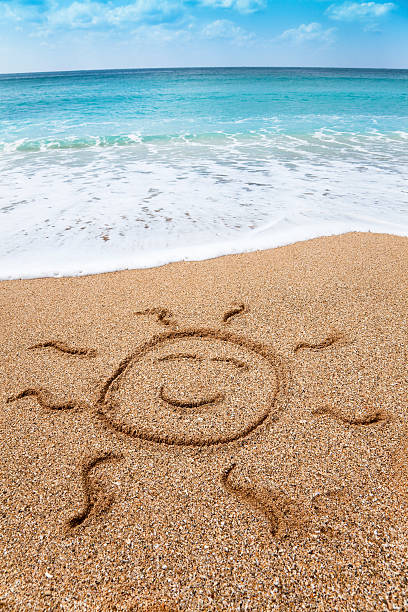 istock drawing smiling sun symbol on the beach 142557836