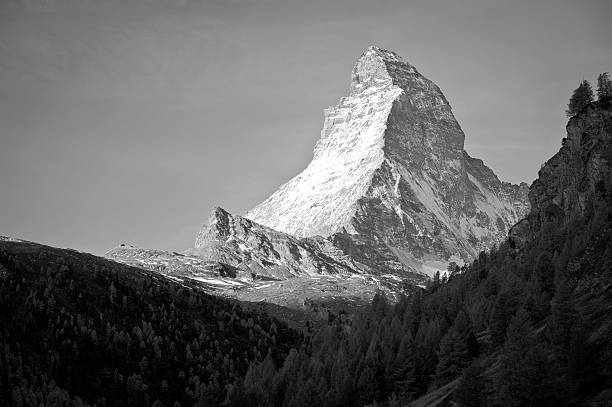 World famous mountain peak Matterhorn above Zermatt town in Mattertal, Valais canton, Switzerland, in winter.
