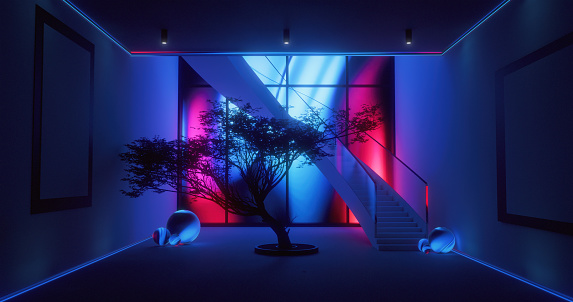 A modern interior with Washitsu tree lightened by colored neon lights. Party lightening in a digitally generated interior in oriental style