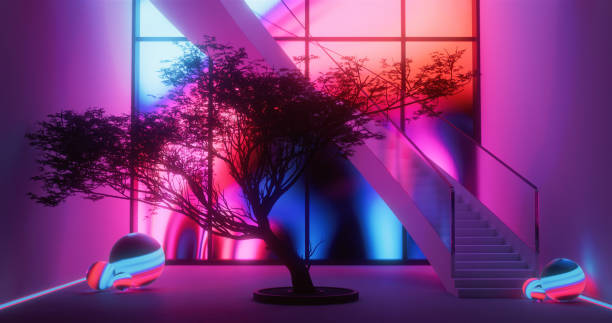Multicolored neon lightening in a modern oriental house