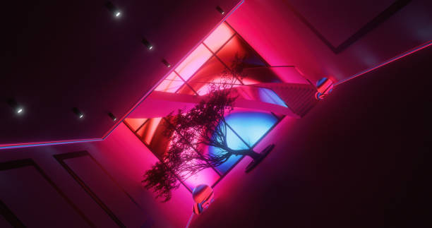 istock Tilt image of a modern interior with Washitsu tree lightened by colored neon lights 1425579232
