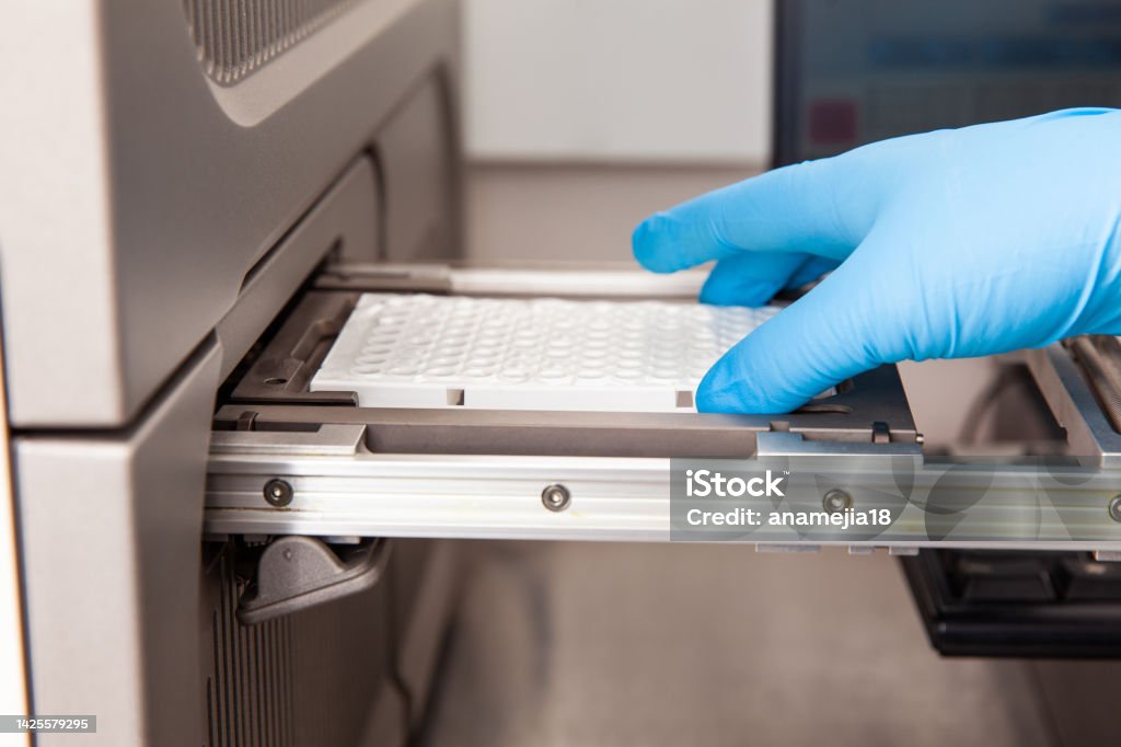 Scientist loading samples to a RT-PCR thermal cycler at the laboratory. Real-time polymerase chain reaction technique. RT-PCR technique Technology Stock Photo