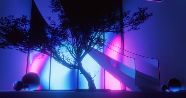 istock 3D graphics of a Washitsu tree in multicolored lightening in a digitally generated modern interior 1425579316