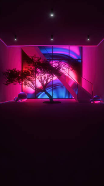 istock Multicolored lightening in a big hall with Washitsu tree and a modern staircase 1425579439