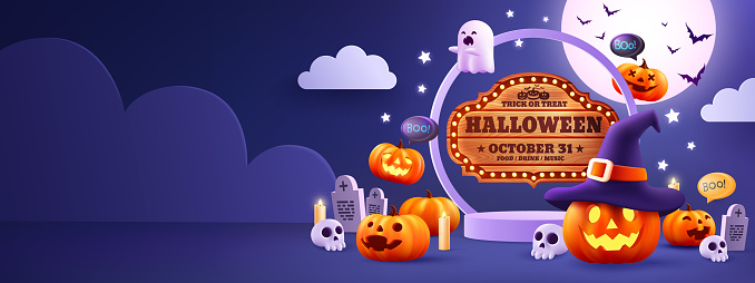 Halloween Promotion Poster or banner template.Halloween night seen with big Moon, Pumpkin ghost,Wizard Hat,cute ghost,cartoon skull and halloween elements. Website spooky or banner template