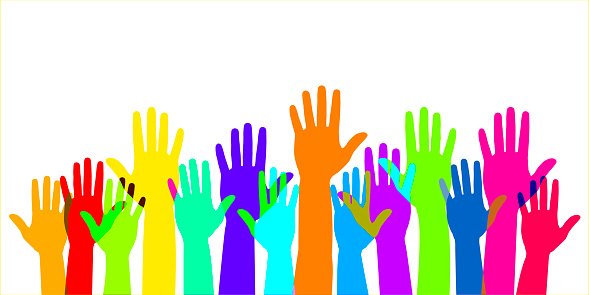 Colored volunteer crowd hands isolated on white background. Many people stretch their hands up. Raised hand silhouettes, colorful voting illustration. Teamwork, voting, volunteering concert.