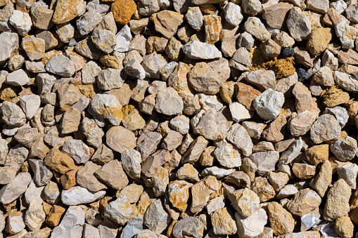 Gray gravel texture background beside the house, close up view from the top.