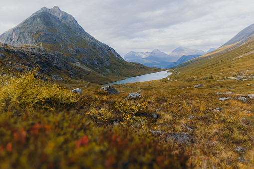 Sunny autumn day in the mountains of Norway - view of the reflection lake, the moyntains range and the road through the tundra, More og Romsdal county, Scandinavia