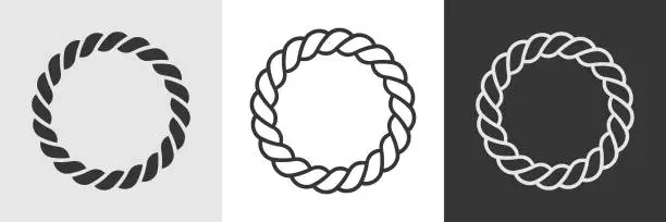 Vector illustration of Rope round frames. Set of circle border cord silhouette, line art and inversion. Seamless wreath circle shape. Jewelry design, text frame. Vector illustration