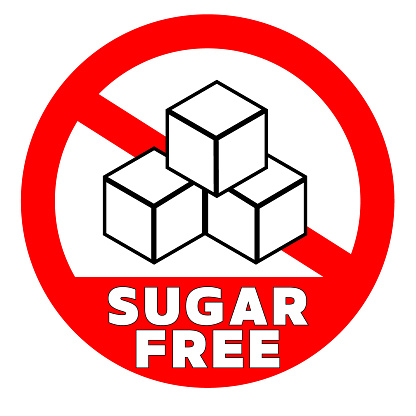 Sugar free. Information food label sign with ban circle, silhouettes of sugar cubes and text at the bottom