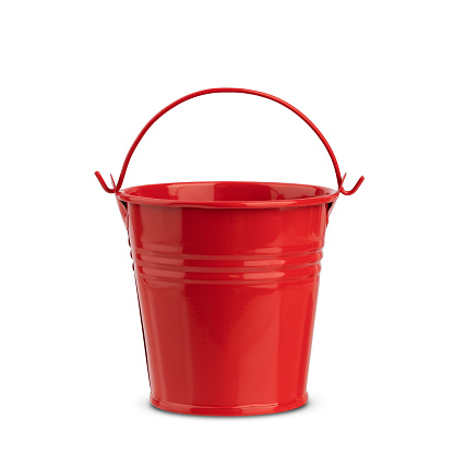 metal painted bucket with handle, insulated on white background