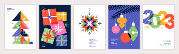 2023 набор поздравительных открыто к с рождеством и новым годом. - gift stock illustrations