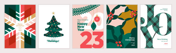 set weihnachts- und neujahrsgrußkarten 2023. - weihnachten modern stock-grafiken, -clipart, -cartoons und -symbole