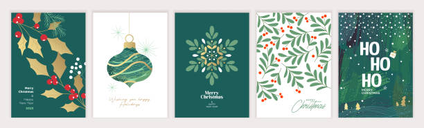 Merry Christmas and Happy New Year. Set of vector illustrations for background, greeting card, party invitation card, website banner, social media banner, marketing material. message of nature stock illustrations