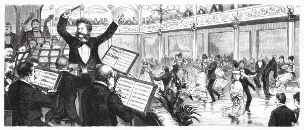 ilustrações, clipart, desenhos animados e ícones de johann strauss jr. conduzindo a valsa, gravura de madeira, publicado em 1885 - waltzing