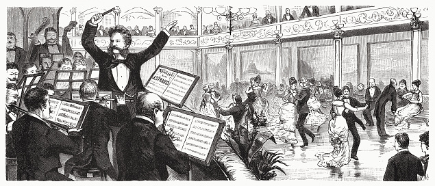 Johann Strauss Jr. (1825 - 1899, Austrian composer) conducting the waltz. Nostalgic scene from the past. Wood engraving, published in 1885.