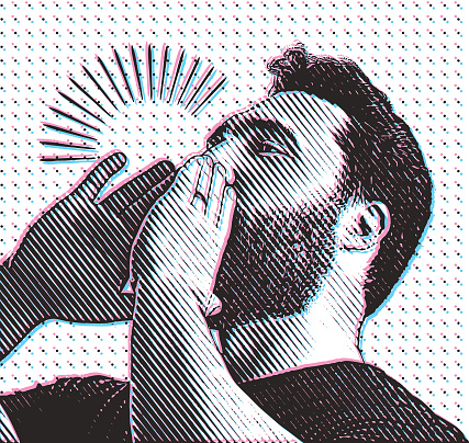 Retro style illustration of man shouting an announcement with Glitch Technique