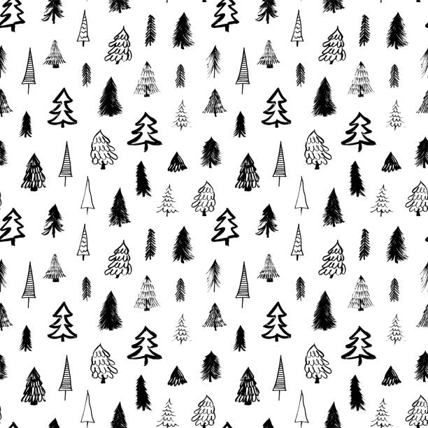 новогодние елки векторный бесшовный узор. - pine tree brush stroke winter snow stock illustrations