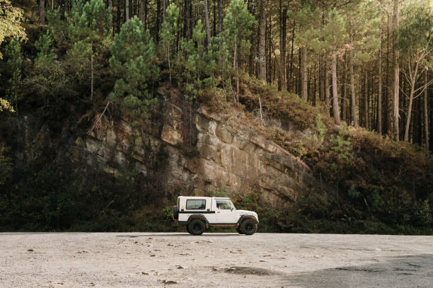 old 4x4 car in a mountain area - jeep stockfoto's en -beelden