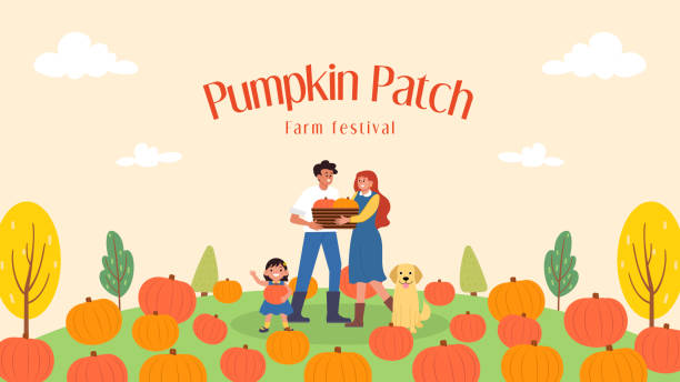 ilustracja wektorowa festiwalu dyni patch farmy. rodzina bawiąca się razem na farmie dyni - pumpkin patch stock illustrations