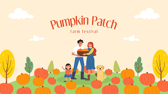 Pumpkin patch farm festival vector illustration. Family having fun together at pumpkin farm