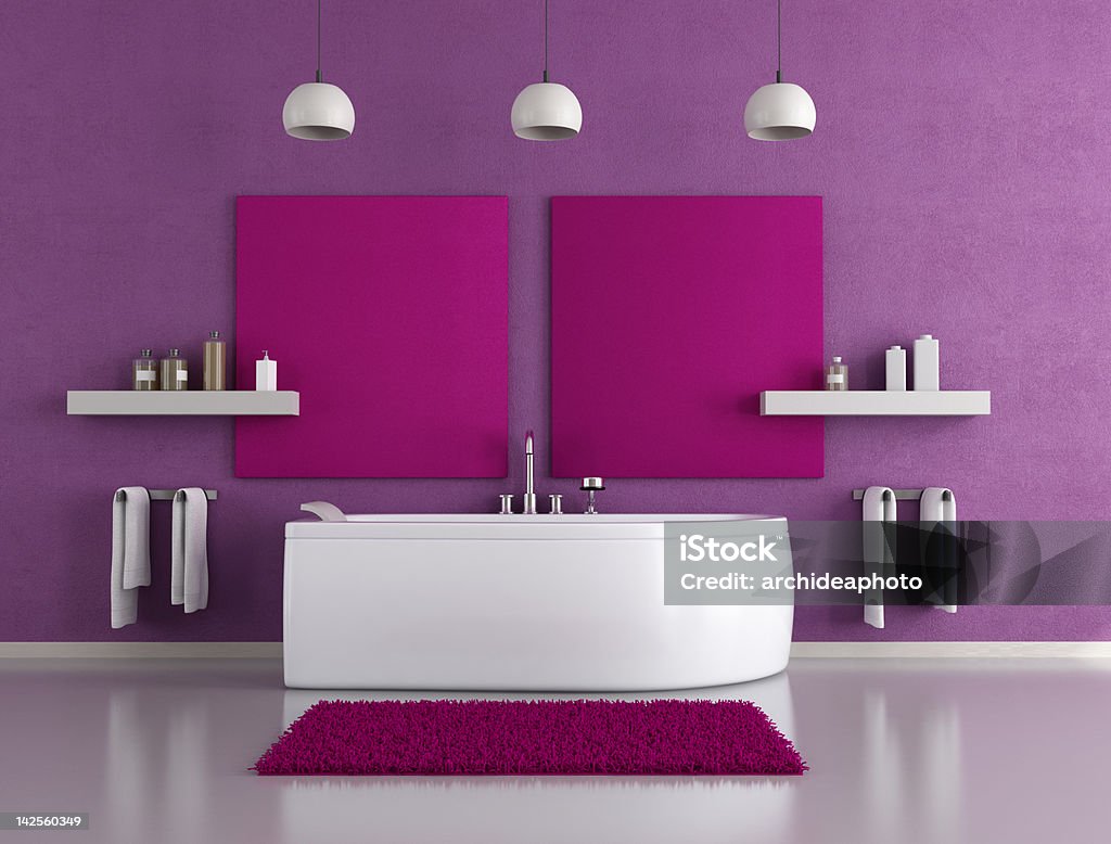 Purple and white modern style sleek bathroom contemporary purple bathroom with white bathtub Bathroom Stock Photo