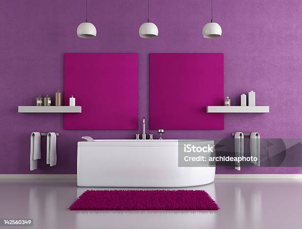 Purple And White Modern Style Sleek Bathroom Stock Photo - Download Image Now - Bathroom, Purple, Apartment