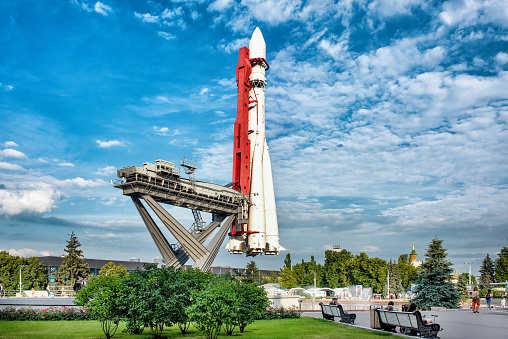Rocket Vostok at VDNKh - exhibition of achievements of the national economy in Moscow: Moscow, Russia - August 03, 2022