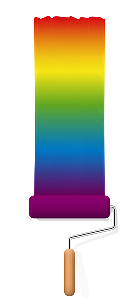 Paint roller painting a rainbow colored magic field. Everything is made really colorful. Isolated vector illustration on white background.