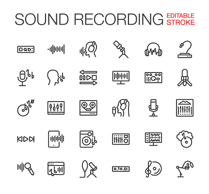 Sound Recording Icons Set Editable Stroke. Vector illustration.