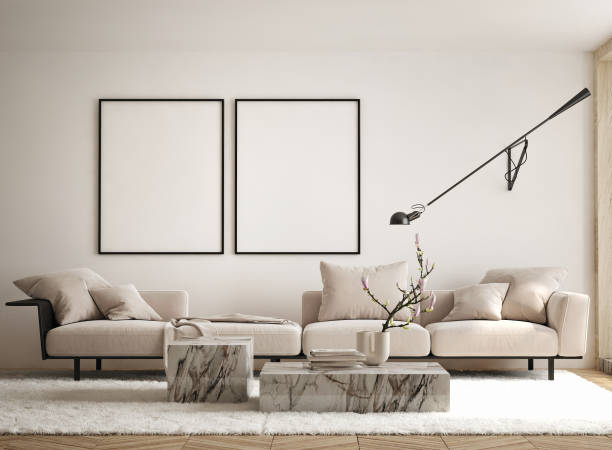 istock mock up poster frame in modern interior background, living room, Scandinavian style, 3D render, 3D illustration 1425614459