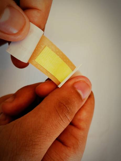 Medical adhesive band bandage for minor cuts injuries sticking plaster for small wounds covering first-aid tape for wounded limbs  curebandage for fingerwoond closeup view image photo stock photo
