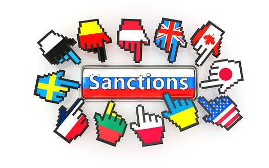 Sanctions. Push button with russian flag. Hand cursors with flags countries that support Ukraine. 3d render isolated on the white background.